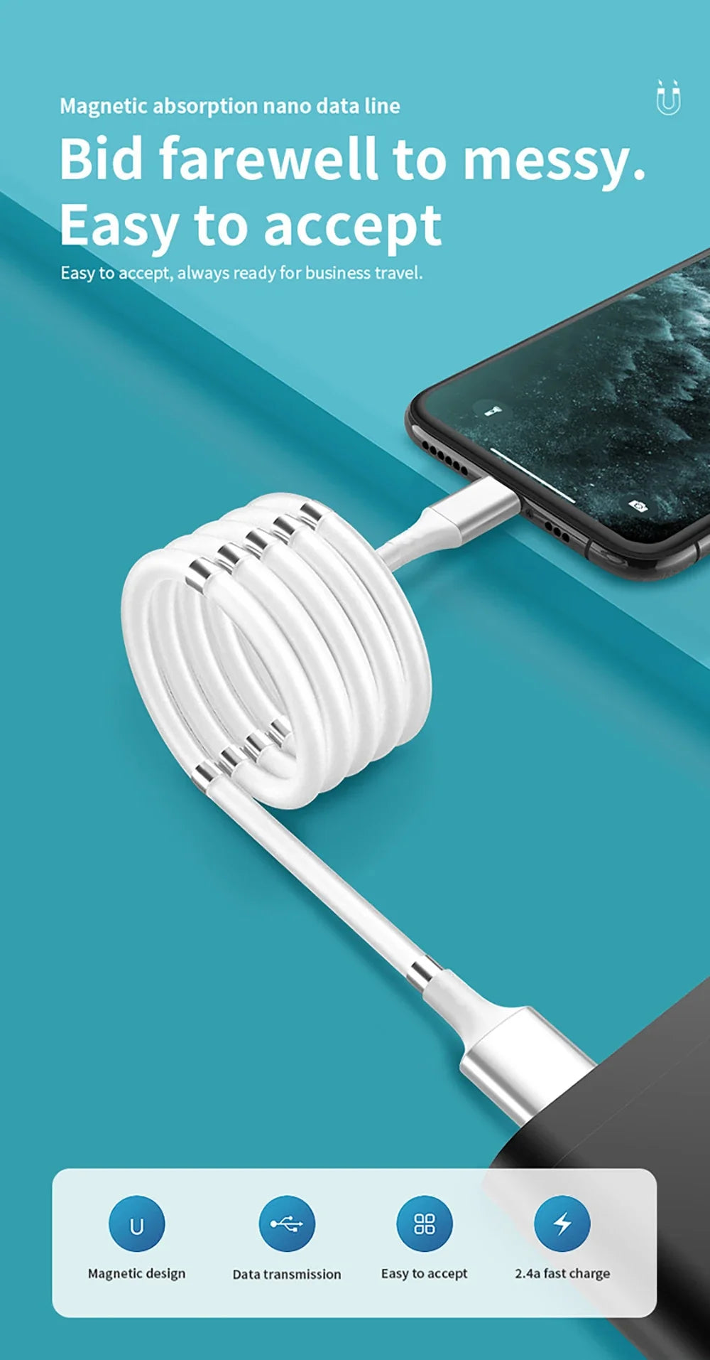 Self Winding Magnetic Fast Charging Data Cable